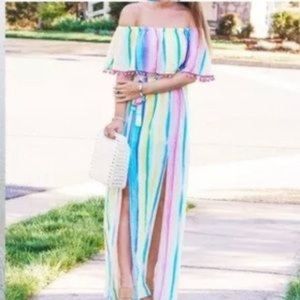 BUDDY LOVE Shelly Unicorn pastel rainbow off the shoulder tie waist maxi dress